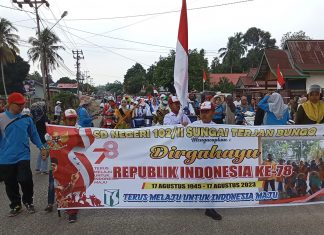 Semarak HUT ke-78 RI, SDN 102 Sungai Kerjan Meriahkan Pawai Pembangunan Tingkat Kecamatan Bungo Dani