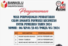 Bawaslu Bungo Perpanjang Pendaftaran Calon Anggota Panwascam untuk 3 Kecamatan