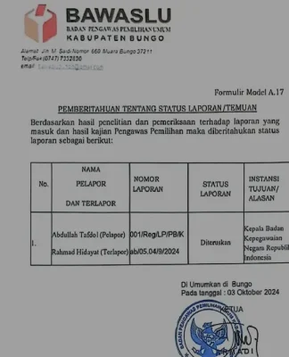 Bawaslu Bungo Teruskan Dugaan Pelanggaran Netralitas ASN ke BKN